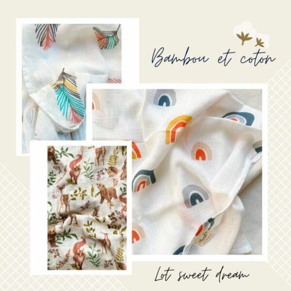 Lot de 3 langes bébé 58 x 58 cm bambou et coton – Image 2